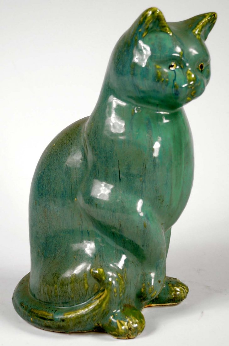 VINTAGE CELADON GLAZED ART POTTERY CAT. HEIGHT 15": VINTAGE CELADON GLAZED ART POTTERY CAT. HEIGHT 15"