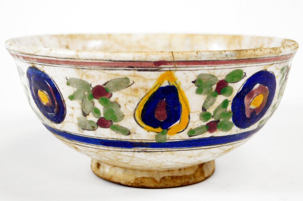 ISLAMIC GLAZED POTTERY DECORATED BOWL. HEIGHT 3 1/2";: ISLAMIC GLAZED POTTERY DECORATED BOWL. HEIGHT 3 1/2"; DIAMETER 7 5/8"