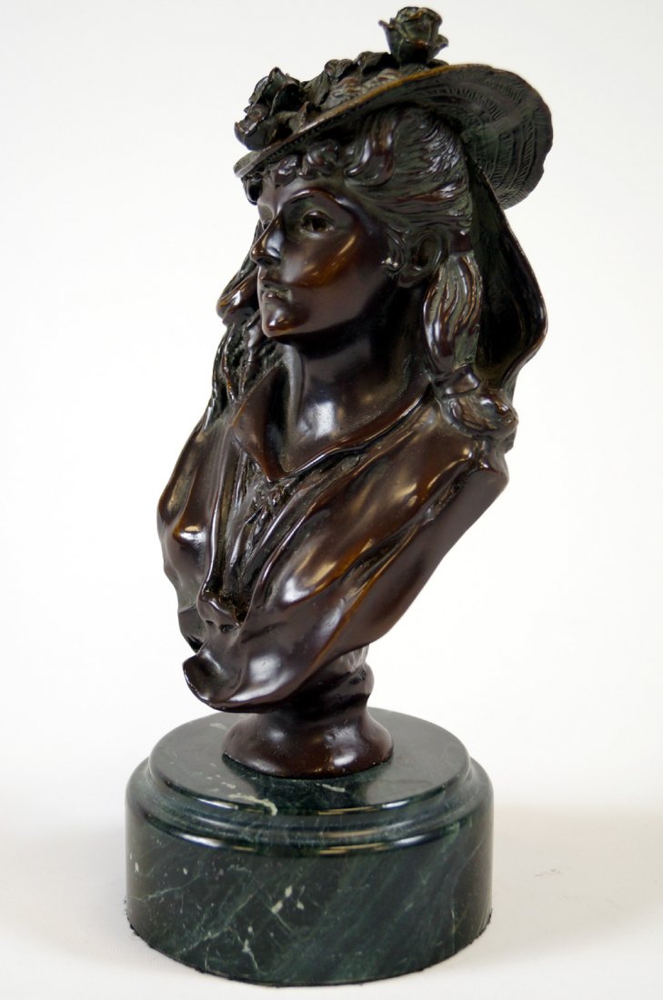 FRENCH SCHOOL (20TH CENTURY), BRONZE BUST OF A YOUNG: FRENCH SCHOOL (20TH CENTURY), BRONZE BUST OF A YOUNG WOMAN WITH FLOWERED HAT, SIGNED. HEIGHT 10 1/4"