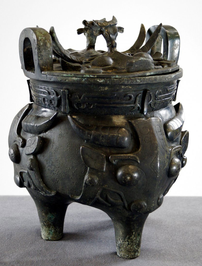 CHINESE ARCHAIC-FORM IRON DING WITH BULL MOTIF, 19/20TH (1 of 8)