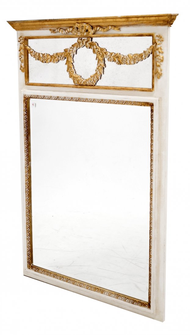 FRENCH STYLE CARVED AND PAINTED TRUMEAU MIRROR, SIGNED (1 of 2)