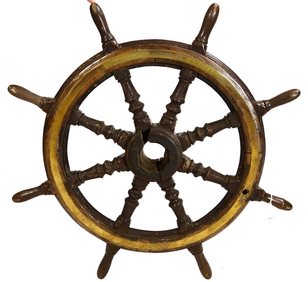 VINTAGE WALNUT AND BRASS SHIP'S WHEEL, 19TH CENTURY. (1 of 1)