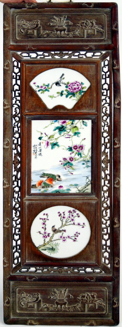 CHINESE CARVED TEAK PANEL WITH FAMILLE ROSE DECORATED (1 of 2)