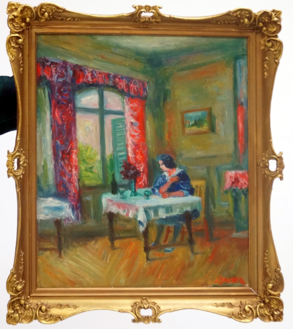 JACQUES ZUCKER (POLAND/AMERICAN 1900-1981), OIL ON: JACQUES ZUCKER (POLAND/AMERICAN 1900-1981), OIL ON CANVAS, ARTIST'S WIFE AT HER DESK, SIGNED. 24 X 20"; FRAMED 29 X 25"