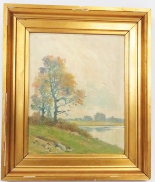 KAI NIELSEN (DENMARK 1882-1924) OIL ON CARD STOCK,: KAI NIELSEN (DENMARK 1882-1924) OIL ON CARD STOCK, LANDSCAPE, LABLED VERSO. 7 X 5 1/2"; FRAMED 9 X 7 1/2"
