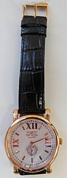 INVICTA GILT STAINLESS (2818) SPECIAL EDITION QUARTZ: INVICTA GILT STAINLESS (2818) SPECIAL EDITION QUARTZ DRESS WRISTWATCH WITH MOTHER-OF-PEARL DIAL AND LEATHER BAND