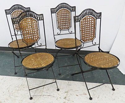 SET (4) WROUGHT IRON AND RATTAN FOLDING CHAIRS (1 of 4)