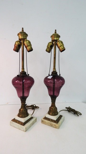 PAIR VICTORIAN AMETHYST GLASS OIL LAMPS, ELECTRIFIED. (1 of 3)