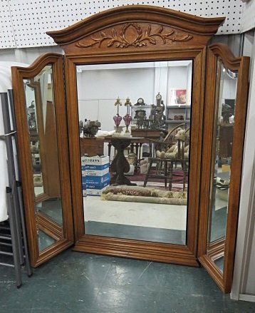 WALNUT TRYPTYCH CARVED MIRROR. HEIGHT 52"; OPEN 52 1/2" (1 of 3)