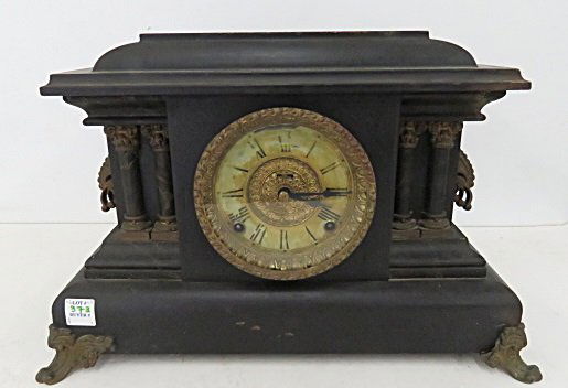 INGRAHAM EBONIZED COLUMN MANTLE CLOCK, 19TH CENTURY. (1 of 4)