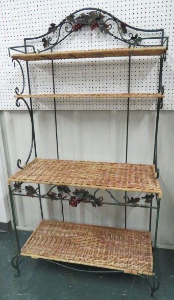 WROUGHT IRON BAKERS RACK WITH GRAPE MOTIF & WICKER (1 of 3)