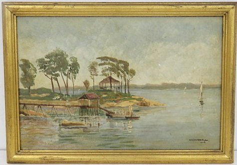 CHANDLER ALLEN (AMERICAN 20TH CENTURY), OIL ON CANVAS,: CHANDLER ALLEN (AMERICAN 20TH CENTURY), OIL ON CANVAS, LAKE WITH SWIMMERS, SIGNED 1916. 7 3/4 X 11 5/8"; FRAMED 9 X 13"