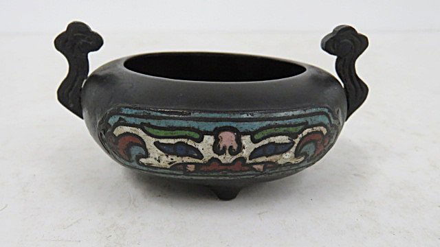 ANTIQUE CHINESE TRI-FOOT ENAMELED BRONZE CENSOR, (1 of 3)