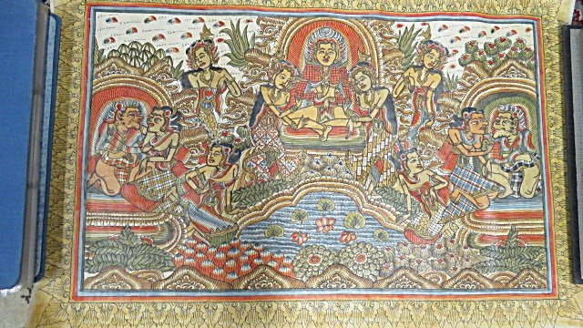 BALINESE INK AND WATERCOLOR ON CANVAS, DEITIES WITH: BALINESE INK AND WATERCOLOR ON CANVAS, DEITIES WITH ATTENDANTS. 15 1/2 X 23 1/2" (ROLLED)