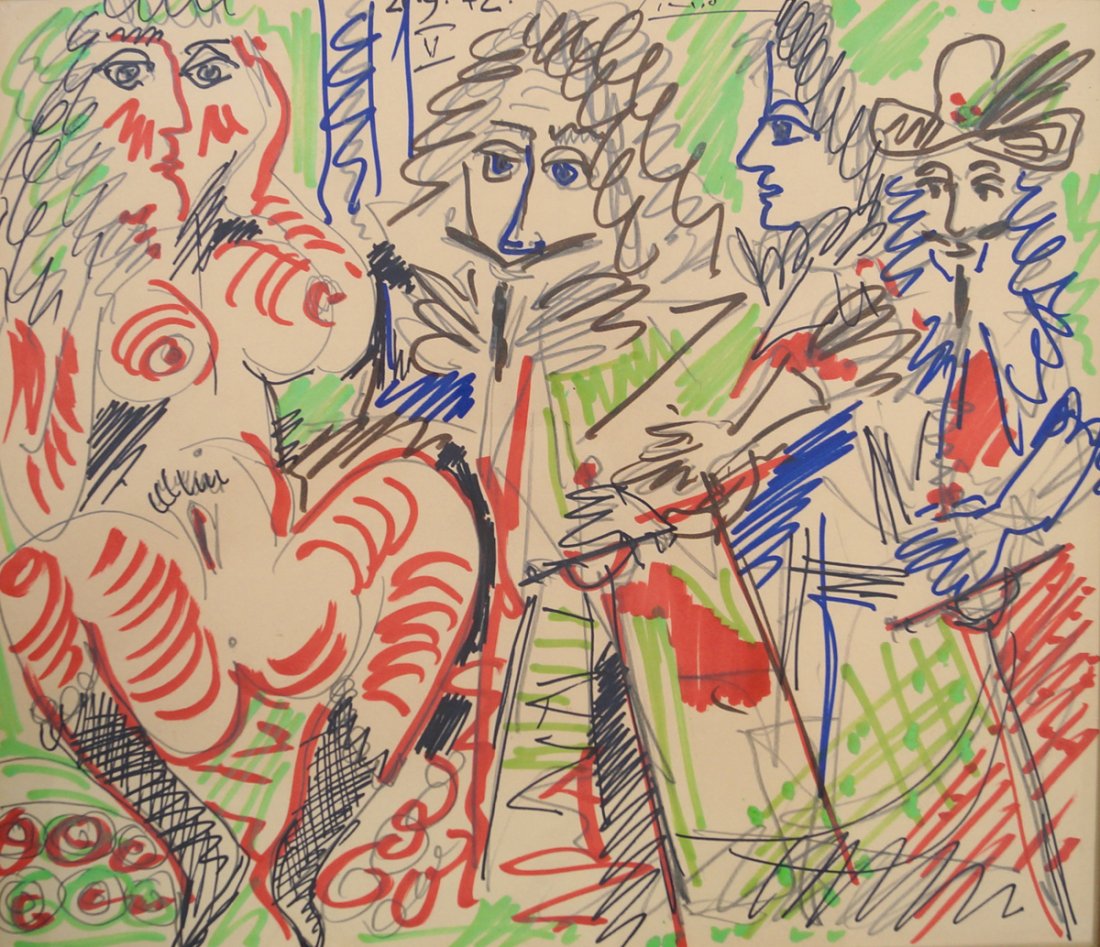 AFTER PABLO PICASSO, MARKER SKETCH, ARTIST AND MODEL, (1 of 3)
