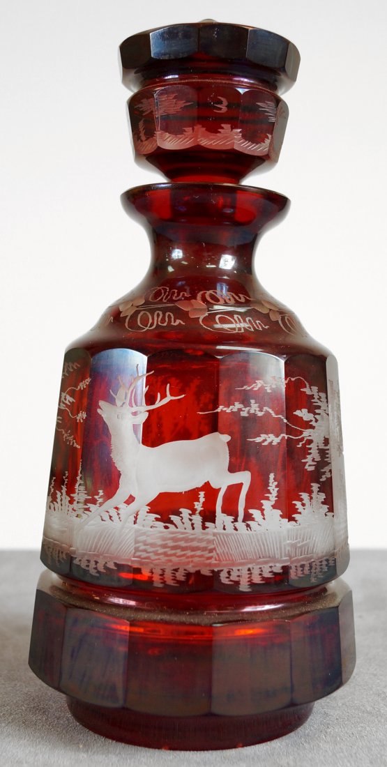 CRANBERRY CUT-TO-CLEAR CRYSTAL DECANTER WITH STOPPER, (1 of 3)