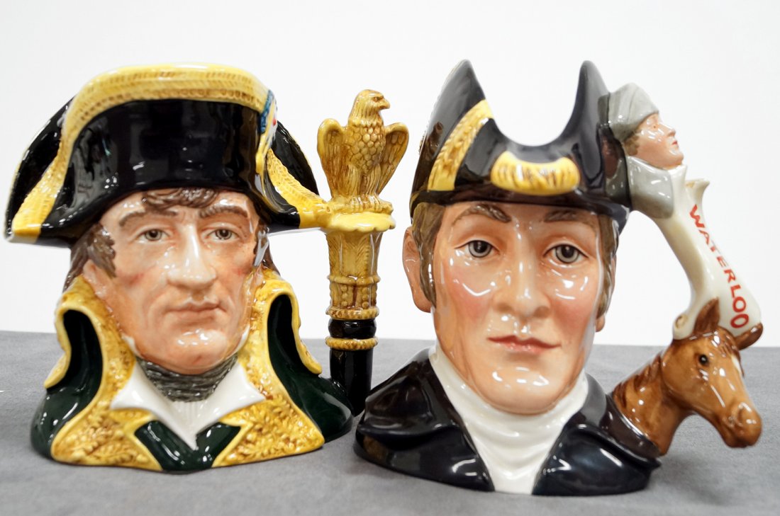 LOT (2) ROYAL DOULTON DECORATED PORCELAIN LARGE: LOT (2) ROYAL DOULTON DECORATED PORCELAIN LARGE CHARACTER JUGS INCLUDING NAPOLEON D6941 #18/2000, 1993. HEIGHT 7"; DUKE OF WELLINGTON D7170, #277/1000, 2001. HEIGHT 7 1/2"