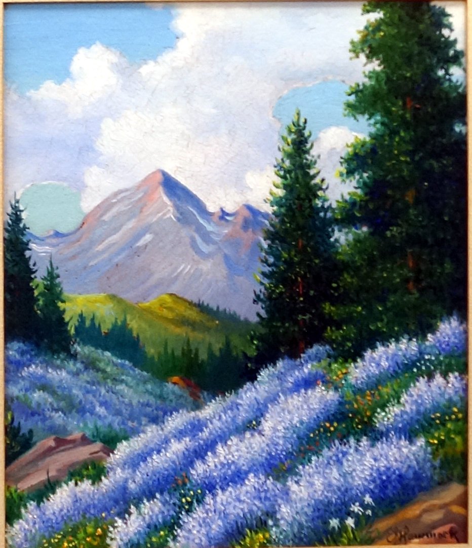 EARL HAMMOCK (AMERICAN 1896-1971), OIL ON PANEL,: EARL HAMMOCK (AMERICAN 1896-1971), OIL ON PANEL, UNTITLED ROCKIES LANDSCAPE. 10 X 8 1/2"; FRAMED AND GLAZED-18 3/4 X 15 3/4"