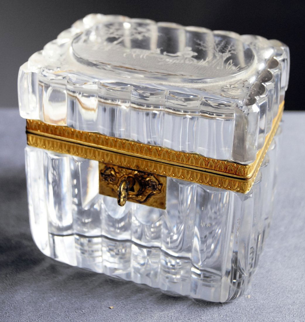 FRENCH ENGRAVED CRYSTAL BOX WITH ORMOLU MOUNTS. HEIGHT (1 of 3)