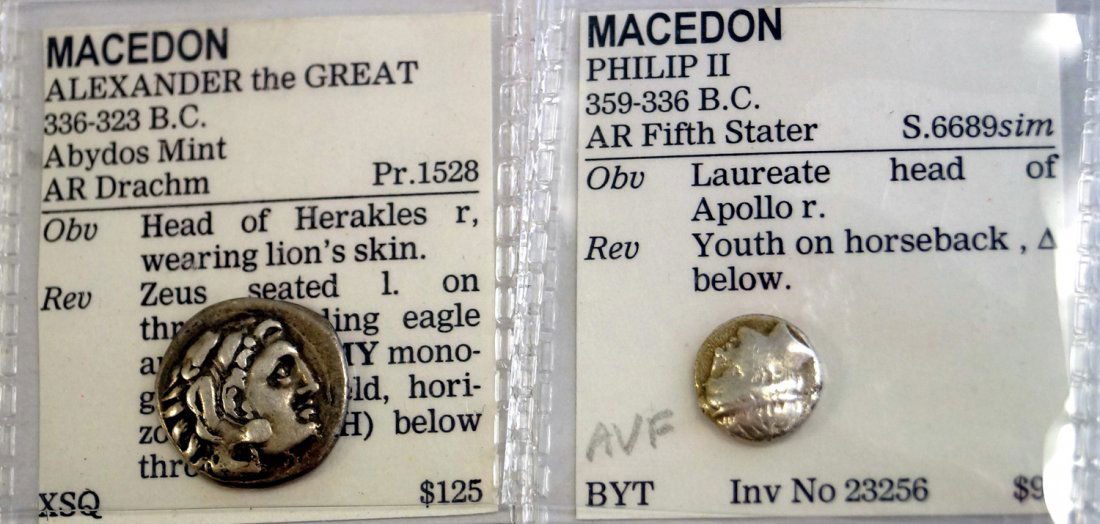 LOT (2) KINGDOM OF MACEDON INCLUDING PHILIP II (359-336: LOT (2) KINGDOM OF MACEDON INCLUDING PHILIP II (359-336 BC) AR 1/5 STATER COIN, 12 MM (F); ALEXANDER III (THE GREAT) (336-323 BC) AR DRACHM COIN, 19MM (F)