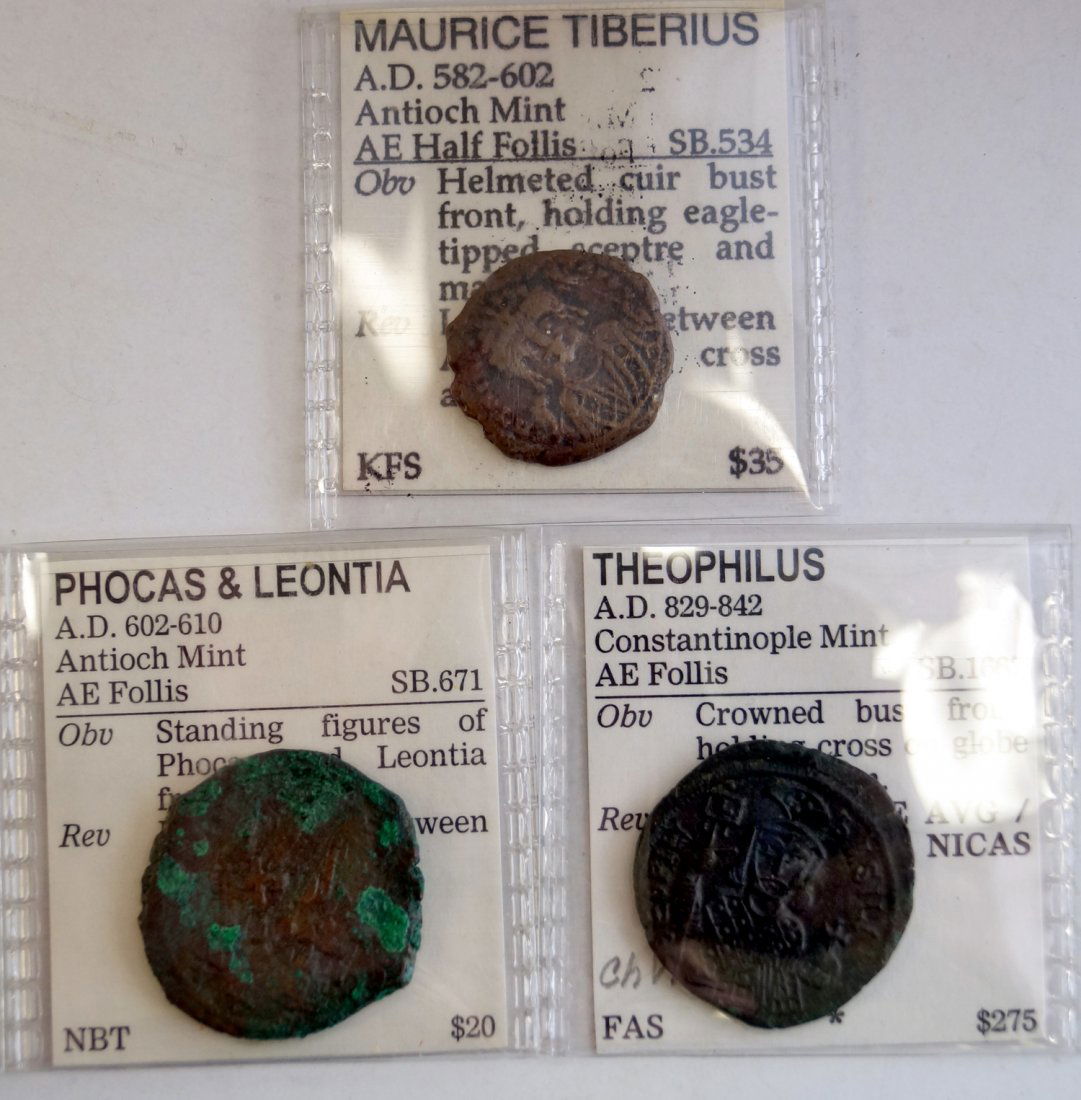LOT (3) BYZANTINE BRONZE COINS INCLUDING MAURICE (1 of 2)