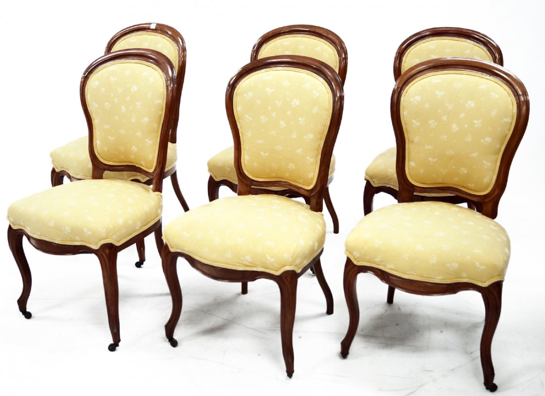 SET (6) LOUIS XV STYLE WALNUT CARVED YELLOW UPHOLSTERED (1 of 3)