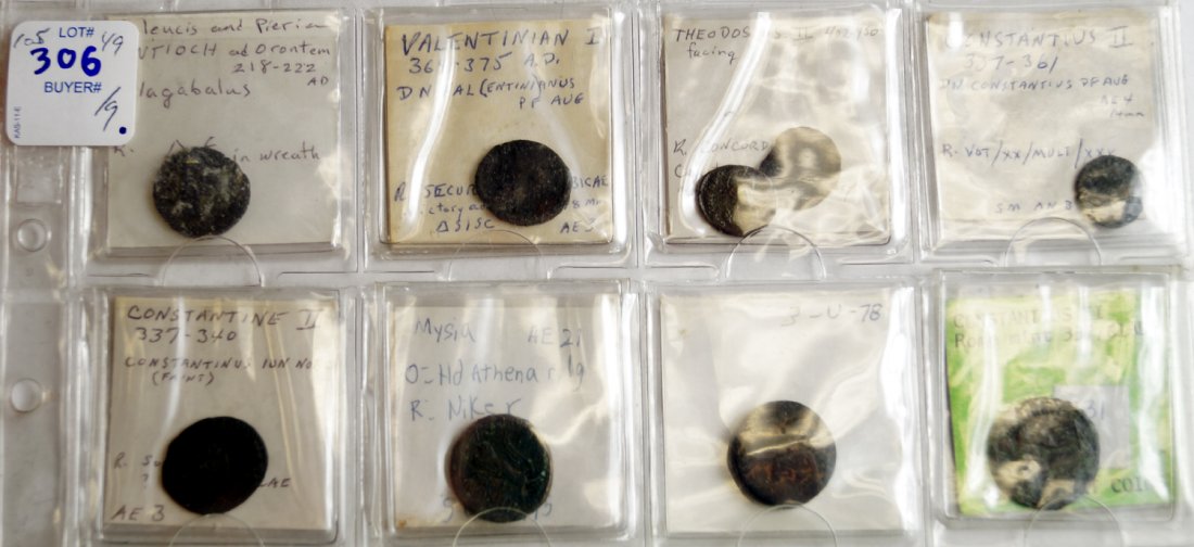 LOT (9) ANCIENT ROMAN/BYZANTINE BRONZE COINS INCLUDING: LOT (9) ANCIENT ROMAN/BYZANTINE BRONZE COINS INCLUDING VALENTINIAN, THEODOSIUS, C.200-400 AD