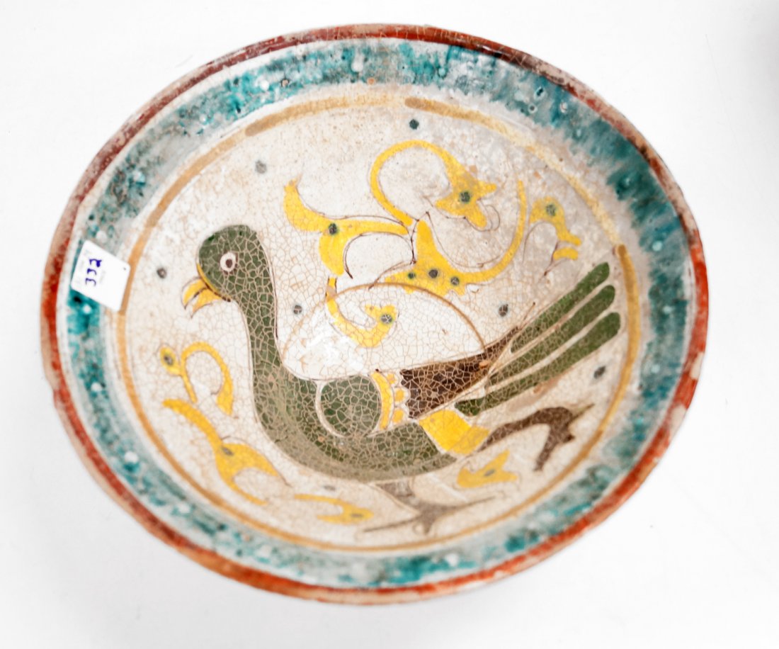 ISLAMIC DECORATED POTTERY BOWL WITH BIRD. HEIGHT 5"; (1 of 4)