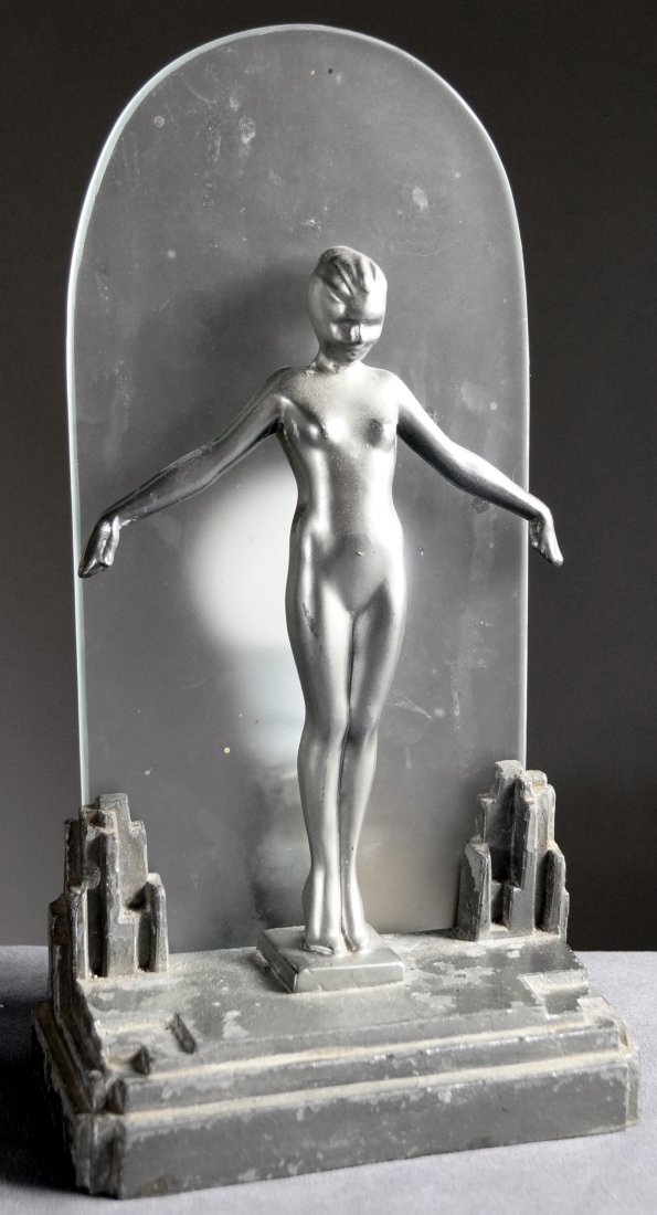 GERMAN ART DECO PATINATED METAL FIGURAL LAMP, SIGNED. (1 of 3)