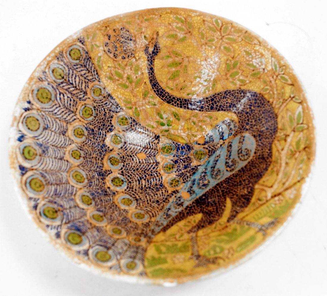 ISLAMIC DECORATED POTTERY BOWL WITH PEACOCK. HEIGHT 3 (1 of 3)