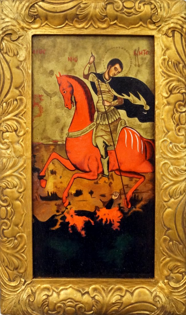 RUSSIAN ICON ON WOOD PANEL, ST. MICHAEL. 13 1/2 X 8" (1 of 3)