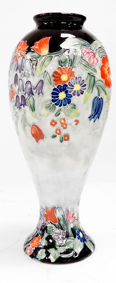MOORCROFT STYLE ENGLISH CARVED ART POTTERY VASE,: MOORCROFT STYLE ENGLISH CARVED ART POTTERY VASE, SIGNED. HEIGHT 10 3/4"