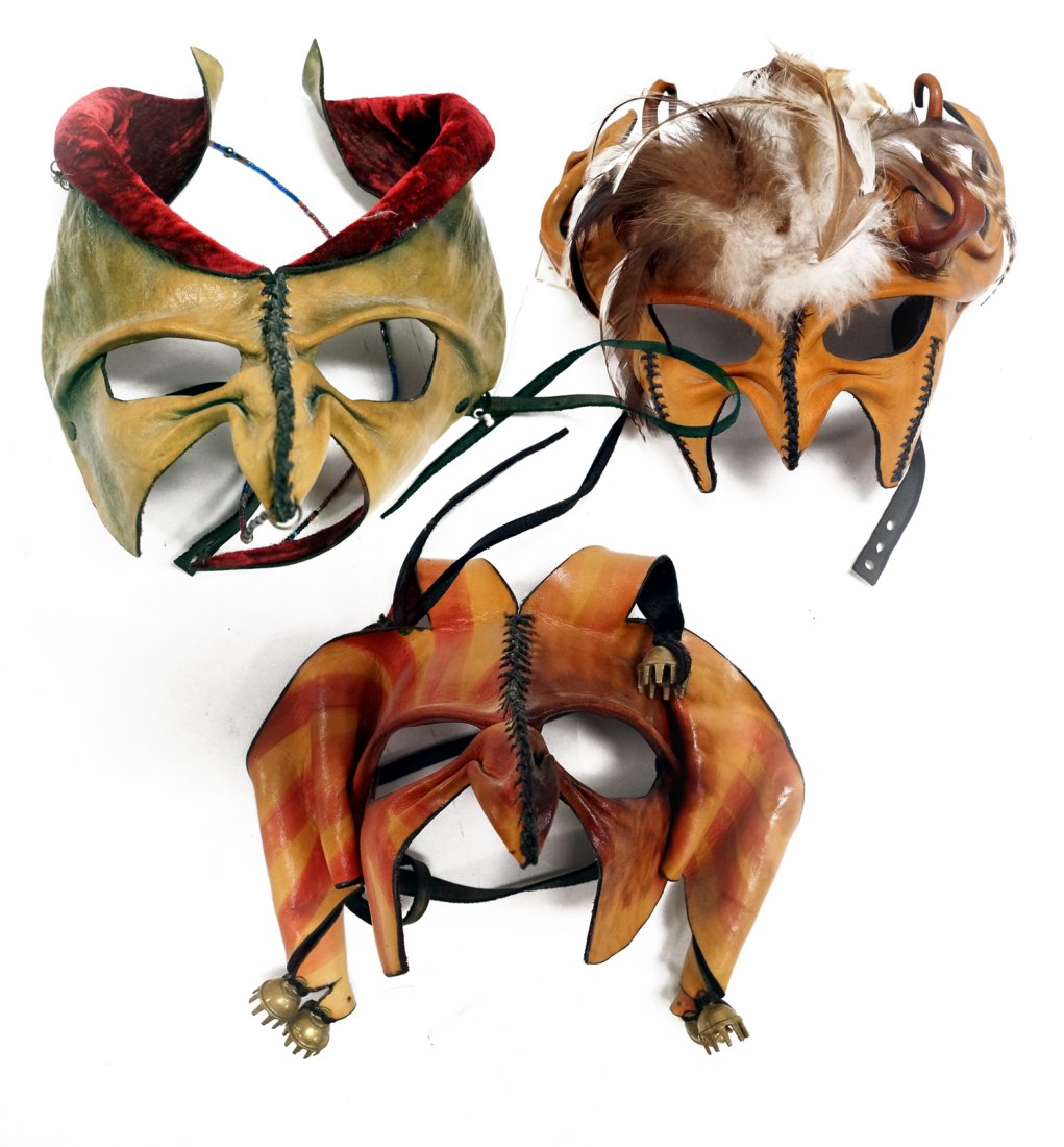 WENDY KLEIN (AMERICAN/WOODSTOCK, NY 20TH CENTURY), LOT: WENDY KLEIN (AMERICAN/WOODSTOCK, NY 20TH CENTURY), LOT (3) LEATHER MASQUERADE MASKS, SIGNED