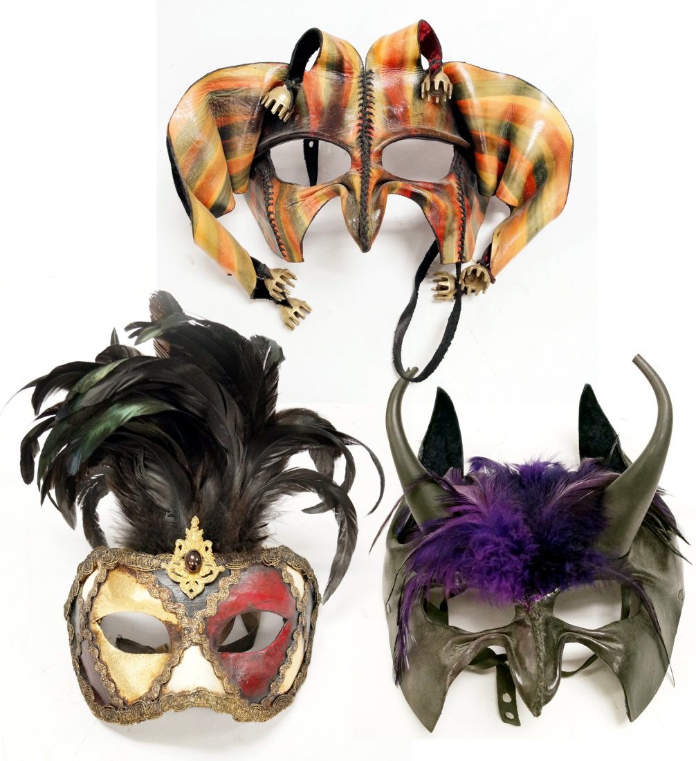 LOT (3) MASQUERADE MASKS INCLUDING (2) WENDY KLEIN: LOT (3) MASQUERADE MASKS INCLUDING (2) WENDY KLEIN LEATHER MASKS, SIGNED AND (1) VENETIAN MASK