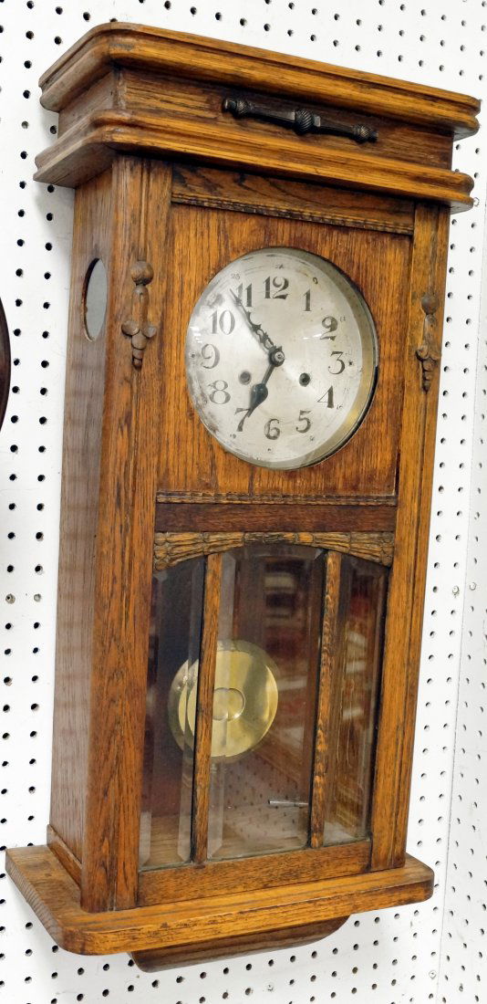 ART DECO GERMAN OAK REGULATOR WALL CLOCK. HEIGHT 30: ART DECO GERMAN OAK REGULATOR WALL CLOCK. HEIGHT 30 1/2"