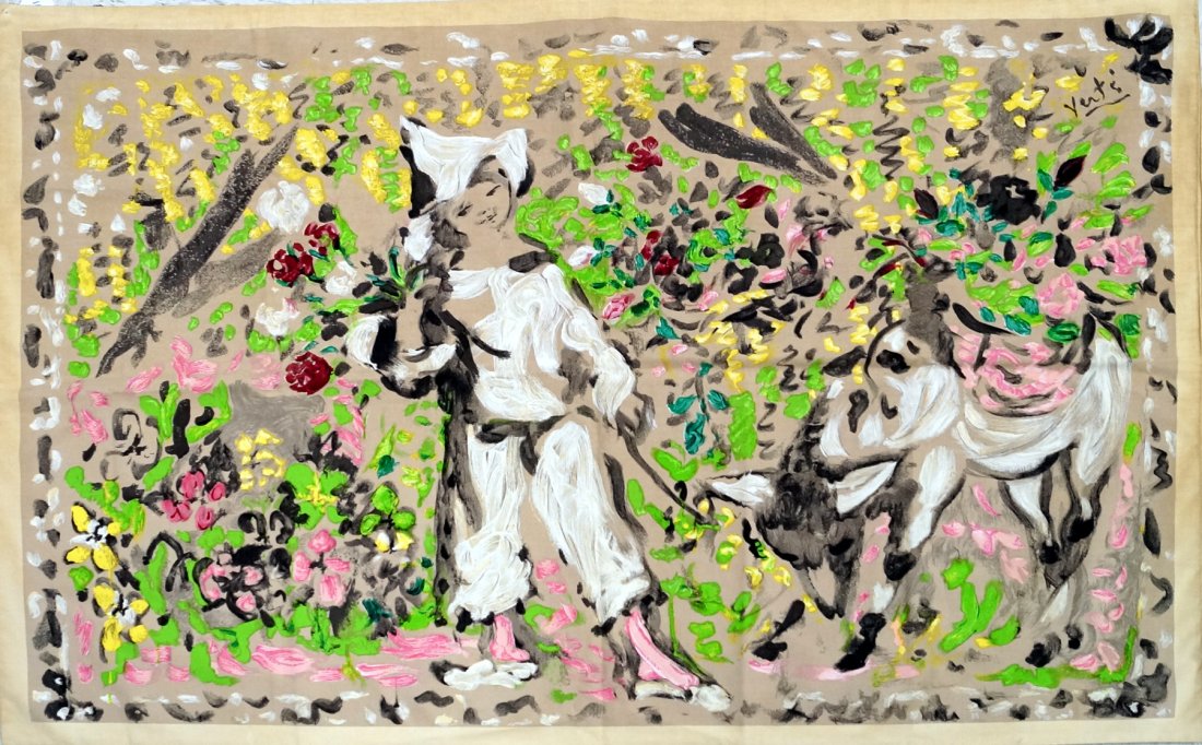 MARCEL VERTES (FRENCH/HUNGARY 1895-1961), SERIGRAPH AND: MARCEL VERTES (FRENCH/HUNGARY 1895-1961), SERIGRAPH AND TRANSFER ON LINEN, "LE JARDIN DE PIERROT", BEARS COROT LABEL VERSO. 48 X 60"