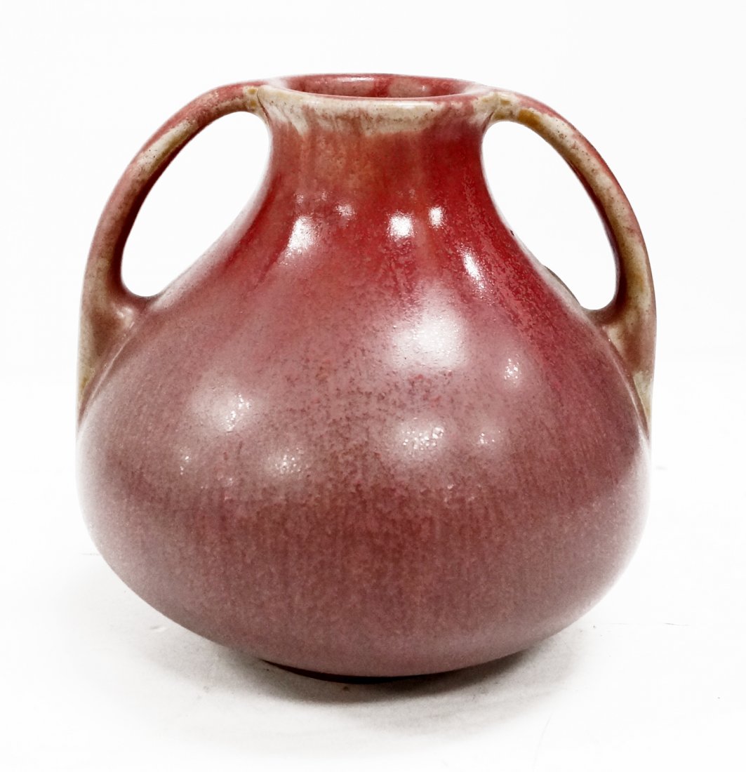 FULPER POTTERY 2-HANDLE VASE/JUG WITH IRIDESCENT: FULPER POTTERY 2-HANDLE VASE/JUG WITH IRIDESCENT ROSE/MAUVE GLAZE, EARLY 20TH CENTURY. HEIGHT 6"