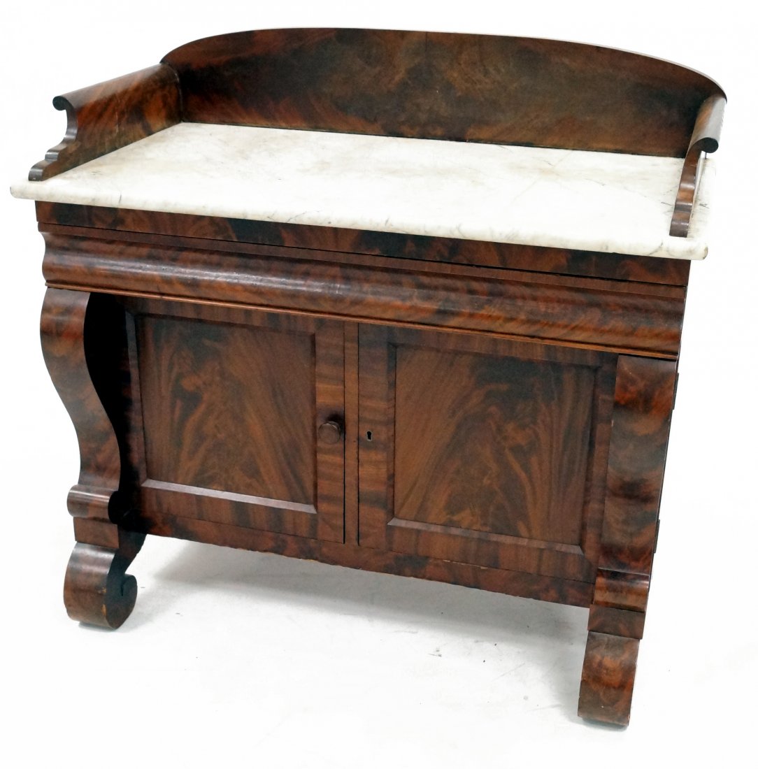 EMPIRE MAHOGANY SLEIGH-FRONT MARBLE-TOP COMMODE, 19TH: EMPIRE MAHOGANY SLEIGH-FRONT MARBLE-TOP COMMODE, 19TH CENTURY. HEIGHT 36"; WIDTH 38" (OLD REPAIRS)