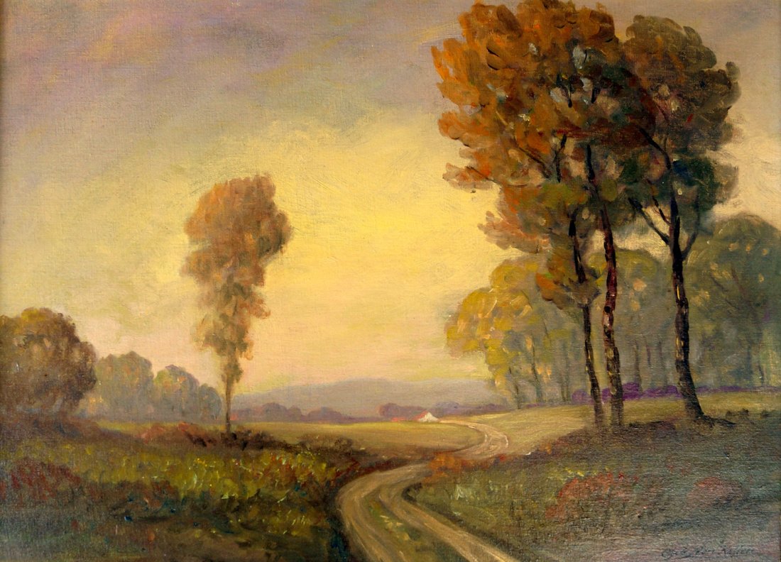 CLYDE LEON KELLER (AMERICAN 1872-1962), OIL ON CANVAS: CLYDE LEON KELLER (AMERICAN 1872-1962), OIL ON CANVAS BOARD, "THE WINDING ROAD" (SAUVIE'S ISLAND OREGON), SIGNED AND TITLED. 20 X 26"; FRAMED 24 X 30"