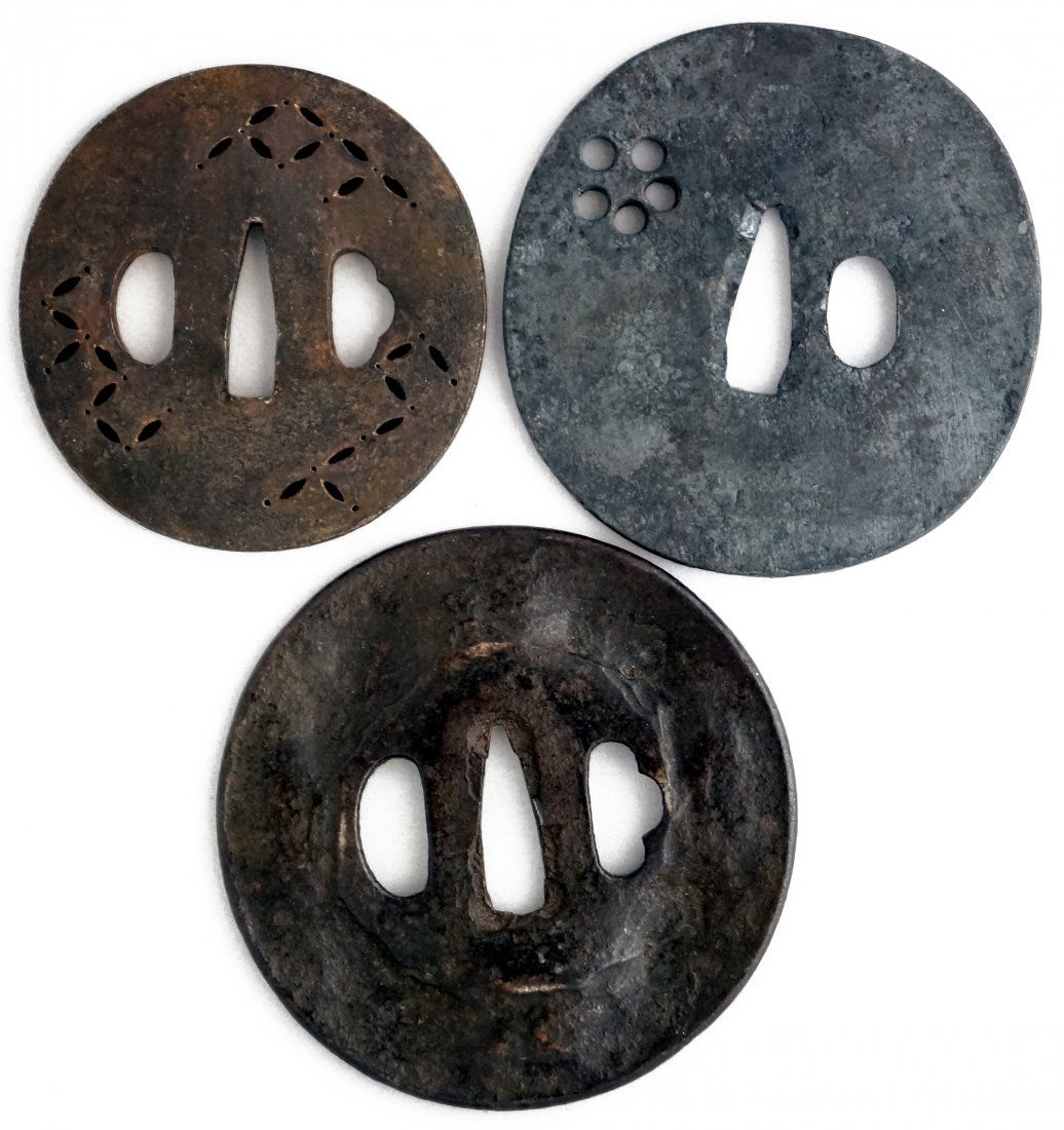 LOT (3) JAPANESE TETSU (IRON) TSUBAS; (2) EDO, DIAMETER: LOT (3) JAPANESE TETSU (IRON) TSUBAS; (2) EDO, DIAMETER 3 3/8" AND 2 7/8 X 2 3/4"; (1) 20TH CENTURY, 3 1/4 X 3 1/8"