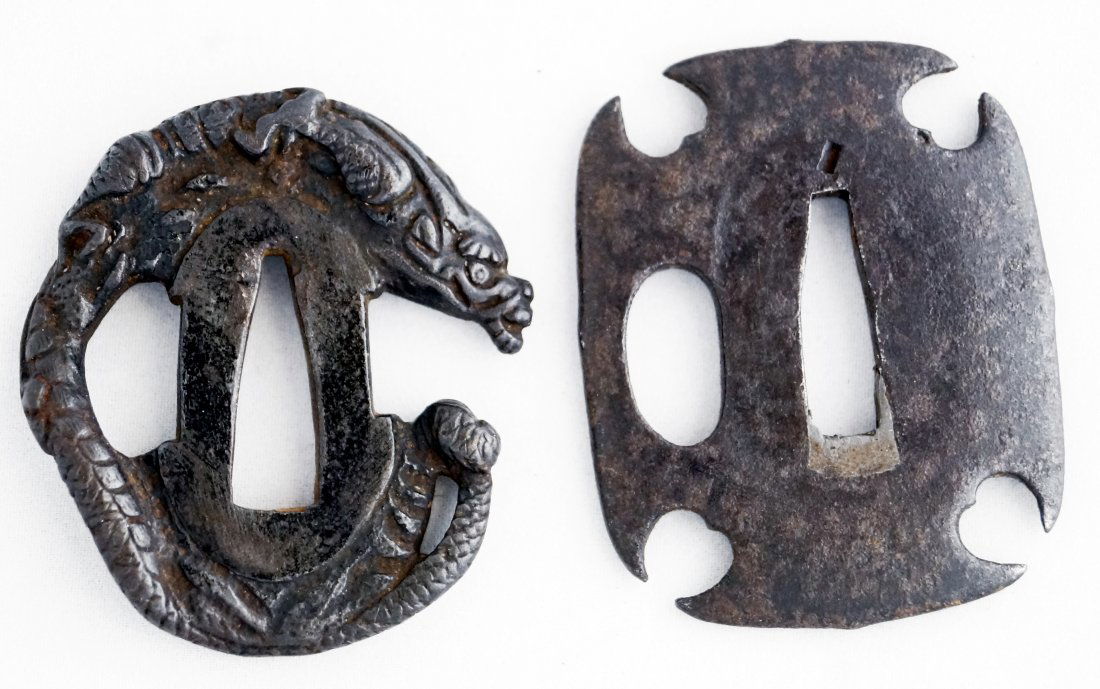 LOT (2) JAPANESE TETSU (IRON) SUKASHI TANTO TSUBAS,: LOT (2) JAPANESE TETSU (IRON) SUKASHI TANTO TSUBAS, EDO. 2 1/4 X 2" AND 2 3/8 X 1 7/8"