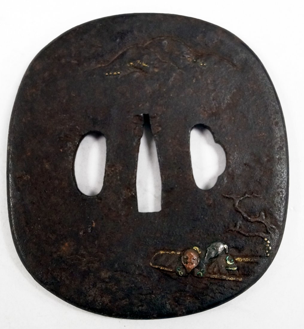 JAPANESE NARA STYEL TAKAZOGAN INLAID TETSU (IRON): JAPANESE NARA STYEL TAKAZOGAN INLAID TETSU (IRON) TSUBA, EDO. 3 1/4 X 3"