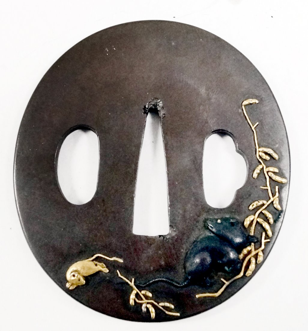 JAPANESE BRONZE/GOLD TAKAZOGAN INLAID TANTO TSUBA, EDO.: JAPANESE BRONZE/GOLD TAKAZOGAN INLAID TANTO TSUBA, EDO. 2 1/2 X 2 5/16"