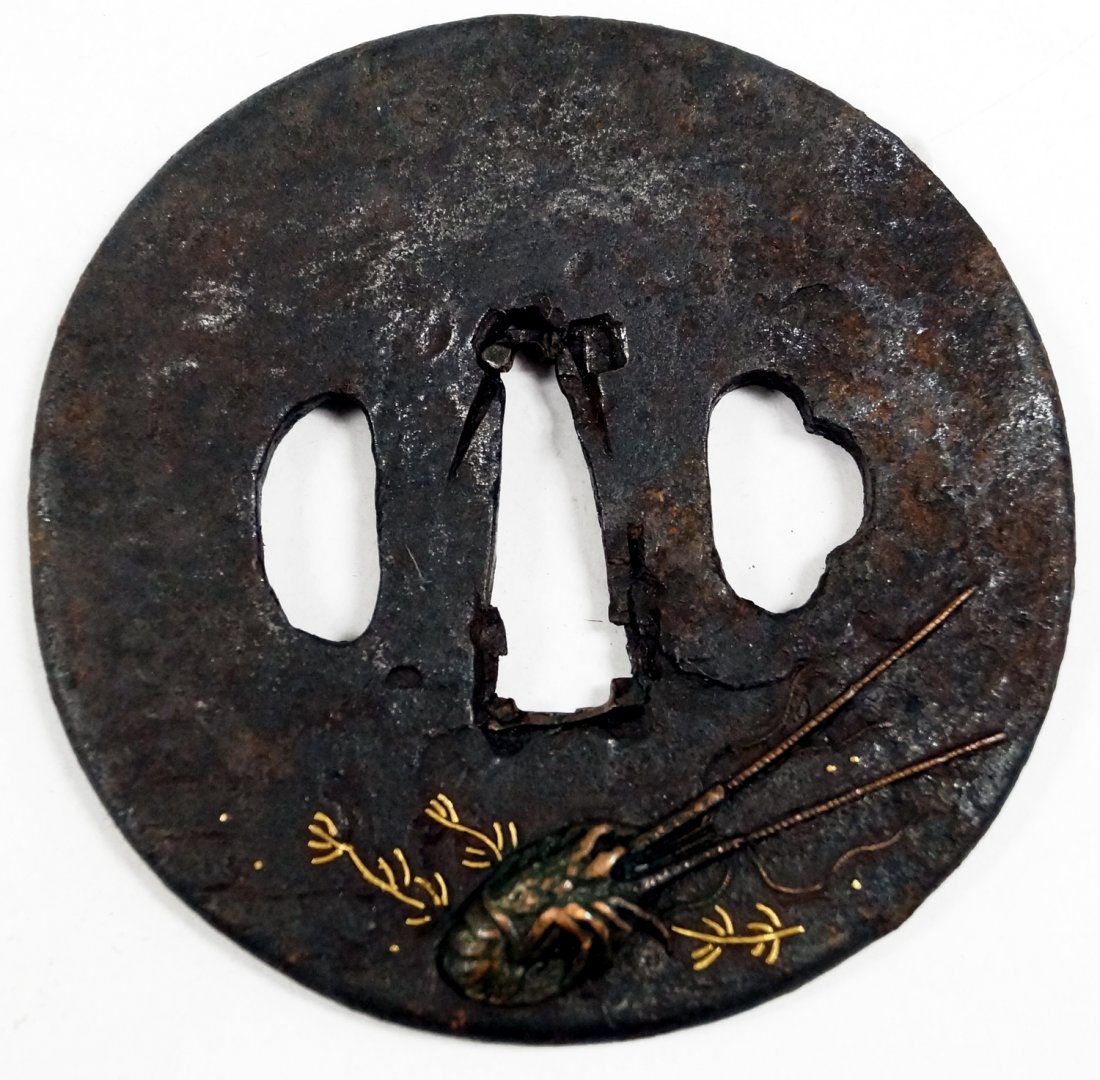 JAPANESE WROUGHT TETSU (IRON) TAKAZOGAN INLAID TSUBA,: JAPANESE WROUGHT TETSU (IRON) TAKAZOGAN INLAID TSUBA, EDO. DIAMETER 2 13/16"