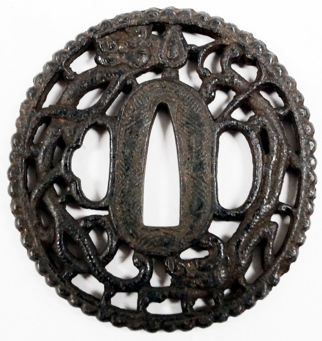 JAPANESE TETSU (IRON) SUKASHI TSUBA, EDO. 2 3/4 X 2: JAPANESE TETSU (IRON) SUKASHI TSUBA, EDO. 2 3/4 X 2 5/8"