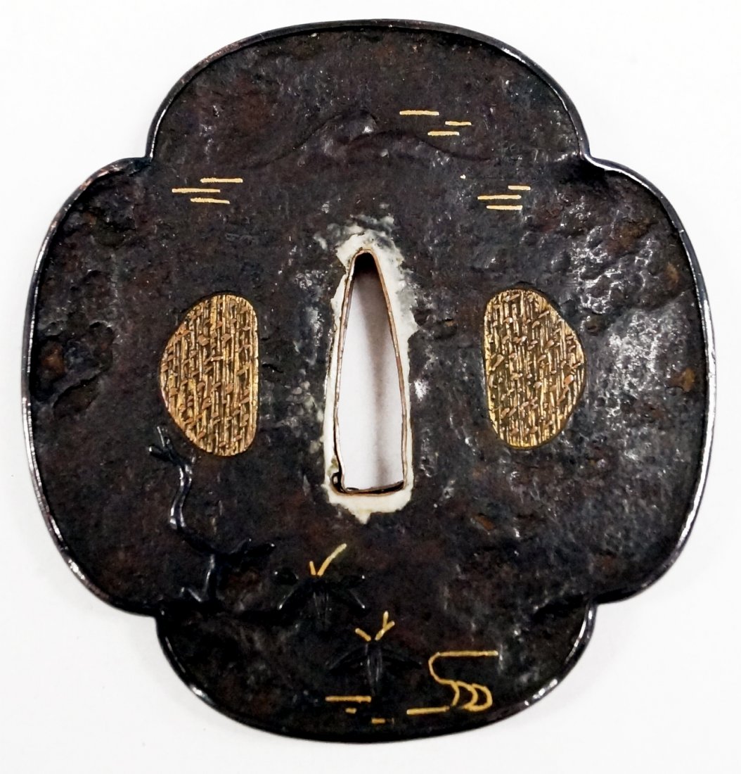 JAPANESE TETSU (IRON) GOLD SUZI-ZOGAN INLAID TSUBA,: JAPANESE TETSU (IRON) GOLD SUZI-ZOGAN INLAID TSUBA, EDO. 3 1/8 X 3"