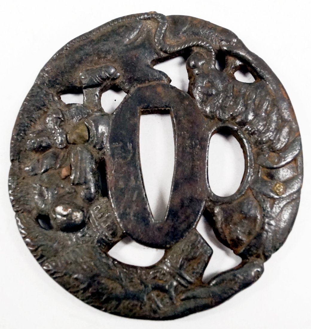 JAPANESE TETSU (IRON) SUKASHI TSUBA, SIGNED, EDO. 2 3/4: JAPANESE TETSU (IRON) SUKASHI TSUBA, SIGNED, EDO. 2 3/4 X 2 5/8"