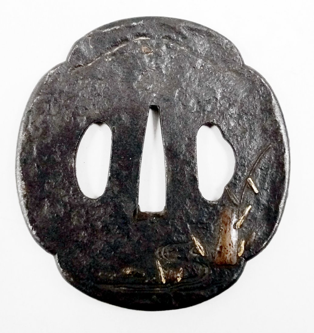 JAPANESE TETSU (IRON) GOLD/COPPER SUZI-ZOGAN INLAID: JAPANESE TETSU (IRON) GOLD/COPPER SUZI-ZOGAN INLAID TSUBA, EDO. 2 3/4 X 2 9/16"