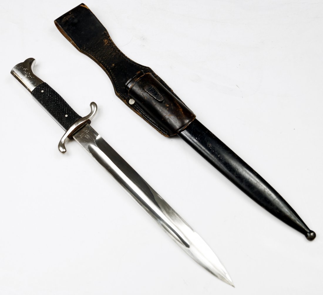 GERMAN WWII FIRE-BRIGADE K98 DRESS BAYONET, BY ROBERT: GERMAN WWII FIRE-BRIGADE K98 DRESS BAYONET, BY ROBERT KLAAS, WITH SCABBARD AND HANGER. LENGTH 15 3/4"