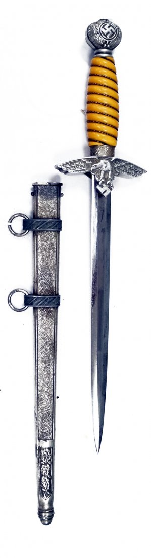 GERMAN WWII (2ND MODEL) LUFTWAFFE OFFICER'S DAGGER, BY: GERMAN WWII (2ND MODEL) LUFTWAFFE OFFICER'S DAGGER, BY E.R. HORSTER WITH SCABBARD. LENGTH 17"